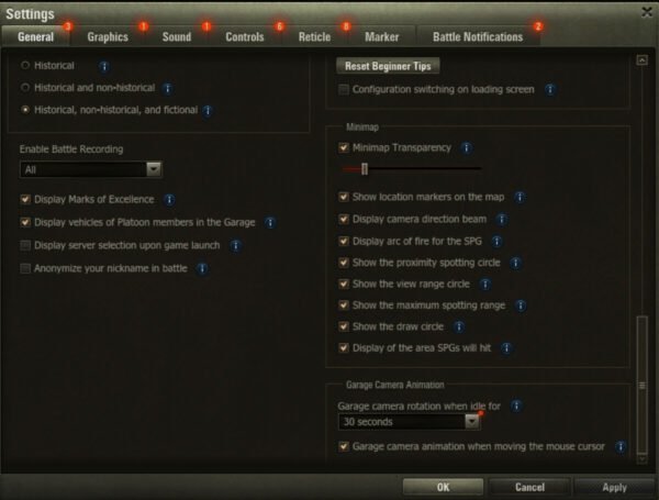 General Game Settings: Minimap Transparency, Battle Recording